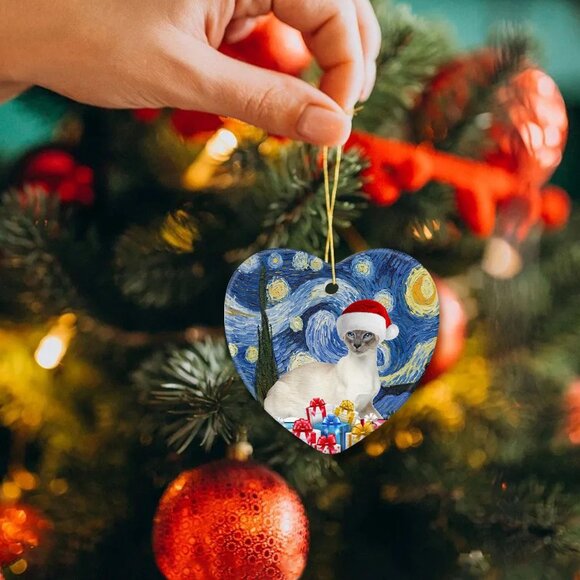 🆕 Christmas Ornament Lover Decorations Ceramic Tree Siamese Cat Xmas Hat Lover - Picture 4 of 4